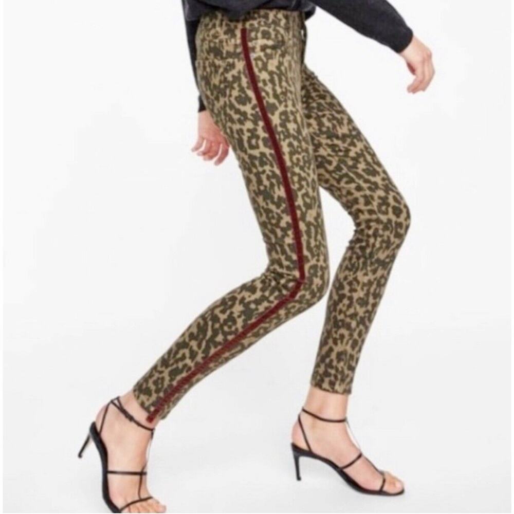 Zara Brown Leopard Print Red Velvet Side Stripe Skinny Jeans Size 4